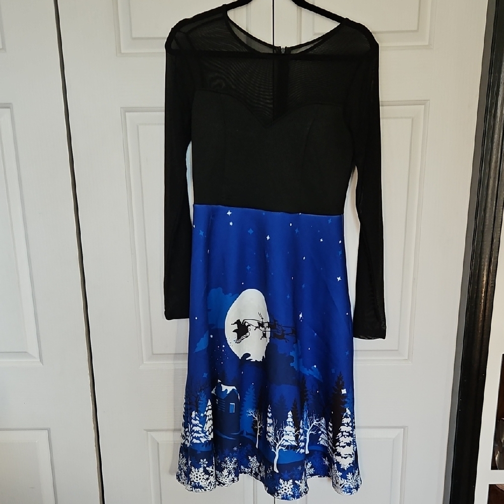 Black and Blue Holiday Dress with Santa Design